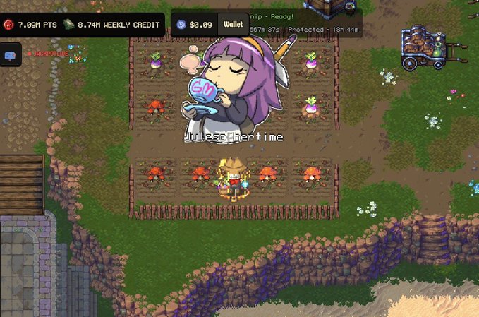 A screenshot of a 2D farming/role-playing game shows a pixel-art character standing among crops, with a large chibi-style character overlay blowing bubbles; the UI displays '7.09M PTS', '8.74M WEEKLY CREDIT', and '$0.09 Wallet'.