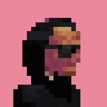 A pixel art piece with a pink background showing a low-resolution figure with a red visor or sunglasses.