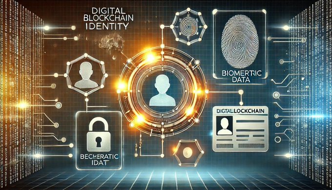 A futuristic digital graphic depicting 'DIGITAL BLOCKCHAIN IDENTITY' with elements including a fingerprint labeled 'BIOMETRIC DATA', a padlock, and a user profile icon, set against a circuit-board background.