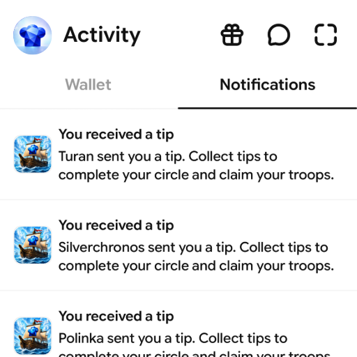 A mobile app's Activity/Notifications screen displays tips received from users named Turan, Silverchronos, and Polinka.