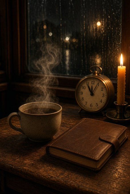 A moody, atmospheric still life showing a steaming mug of coffee, a vintage alarm clock, a lit candle, and a leather-bound journal on a wooden table by a rainy window.