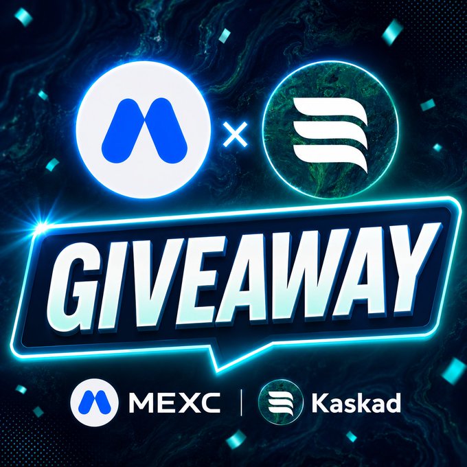 The image features a promotional poster for MEXC and Kasakad. The poster has a dark blue background with neon lights that make the text stand out. The text reads "GIVEAWAY" and "KASAKAD", indicating an upcoming event or promotion related to lending, liquidity, and new infrastructure in the Kaspa ecosystem. The poster also includes logos for MEXC and Kasakad, suggesting a collaboration between these two entities.
