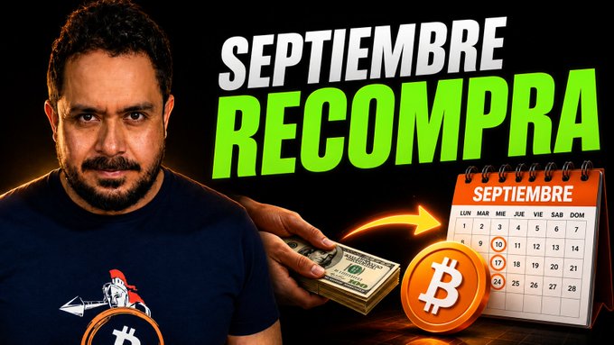 The image is a YouTube thumbnail featuring a bearded man beside the bold text "SEPTIEMBRE RECOMPRA," a stack of dollar bills pointing to a September calendar with dates circled, and a large Bitcoin (₿) coin, visually promoting the video's message that September presents a second buying opportunity to ride Bitcoin's bullish trend toward an estimated $150K by the 2028 halving.