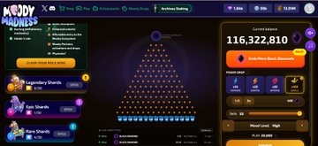 A screenshot of the 'MOODY MONSTERS' Plinko gambling game showing a board with pegs and a current bet of 116,322,810.