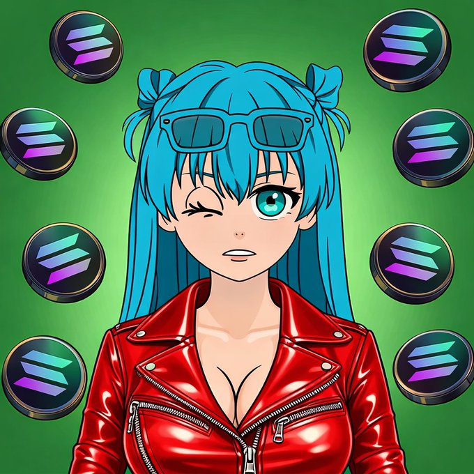 An anime-style girl with blue hair, sunglasses on her head, and a red leather jacket winks while surrounded by floating Solana cryptocurrency logos against a green background.