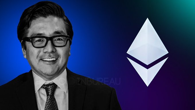 The image shows a black-and-white portrait of Tom Lee smiling in a suit and glasses, alongside the Ethereum (ETH) logo on a blue-purple gradient background, with "COINBUREAU" faintly visible. The visual pairs the prominent market strategist with the cryptocurrency his firm BitMine has been aggressively accumulating.