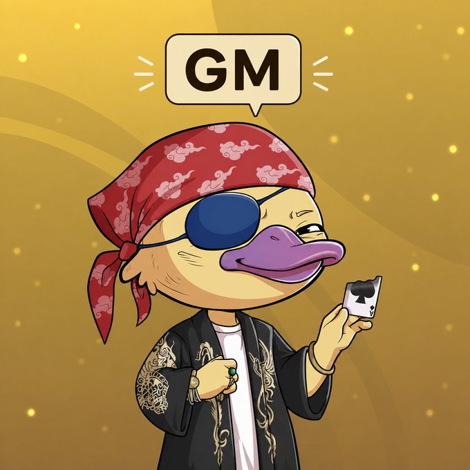 A cartoon duck character wearing an eyepatch, red bandana, and patterned robe, holding an Ace of Spades with a 'GM' (Good Morning) speech bubble above, on a golden sparkly background.