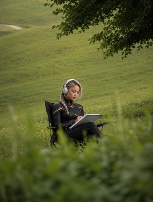 A young woman with braided hair wearing headphones and a black outfit, sitting on a chair in a green field while drawing in a sketchbook.