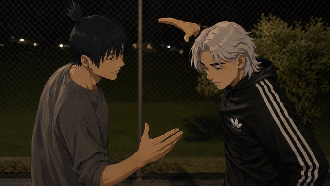 Two anime-styled young men face each other closely at night, one with black hair and a small tuft sticking up gesturing with his hand, the other with shaggy silver hair in a black Adidas track jacket pointing above the other's head—mirroring the post's tone of a serious, one-on-one "real talk" between trusted friends.