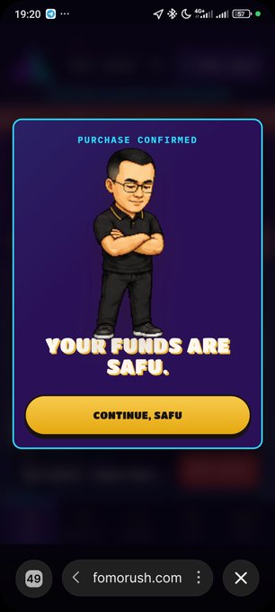 A mobile app screen showing a cartoon avatar of a man with crossed arms, with text 'PURCHASE CONFIRMED' and 'YOUR FUNDS ARE SAFU.' above a yellow 'CONTINUE, SAFU' button, from fomorush.com.