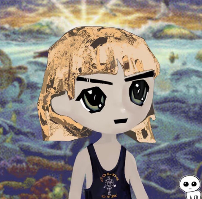 The image features a cartoon girl with blonde hair wearing a black tank top that has "Gm you're not sad, you just need remilio" written across it. The background of the image shows an ocean scene with mountains and islands visible in the distance.