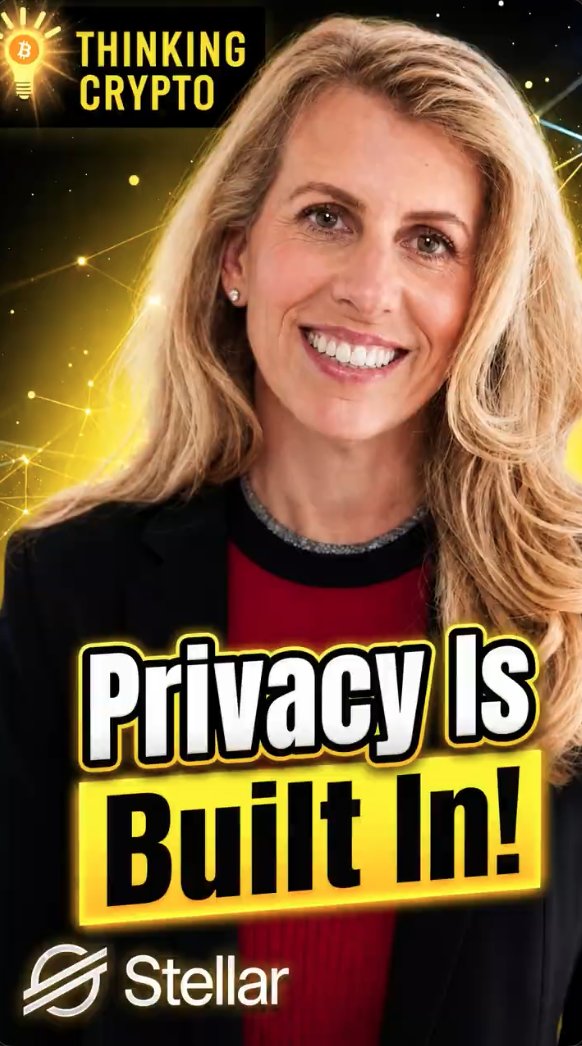 A promotional thumbnail featuring Denelle Dixon, CEO of the Stellar Development Foundation, smiling against a starry yellow background, with the "Thinking Crypto" logo at the top and bold text reading "Privacy Is Built In!" alongside the Stellar logo and ticker #XLM at the bottom, highlighting Stellar's privacy features designed for banks.