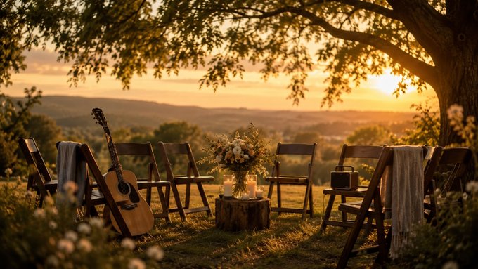 A peaceful outdoor scene at sunset featuring wooden folding chairs arranged in a semi-circle around a tree stump holding candles and a vase of flowers. An acoustic guitar leans against one of the chairs, and a knit blanket is draped over another, suggesting an intimate gathering or wedding setup.
