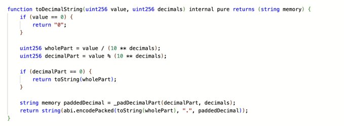The image shows a code block with a white background that displays a string of text written in a programming language. The code includes functions for decimals, which are used to perform calculations involving numbers with decimal points. This type of code can be useful when working on projects like Ethereum, where the use of strings and decimals is common for representing and manipulating data.