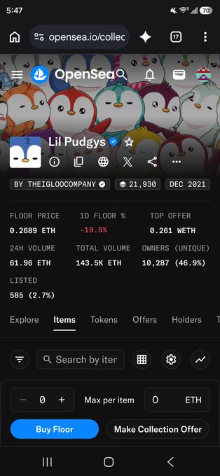 A mobile screenshot of an OpenSea collection page for 'Lil Pudgys' by TheIglooCompany, showing a floor price of 0.2689 ETH, a 24-hour volume of 61.96 ETH, and a total volume of 143.5K ETH.