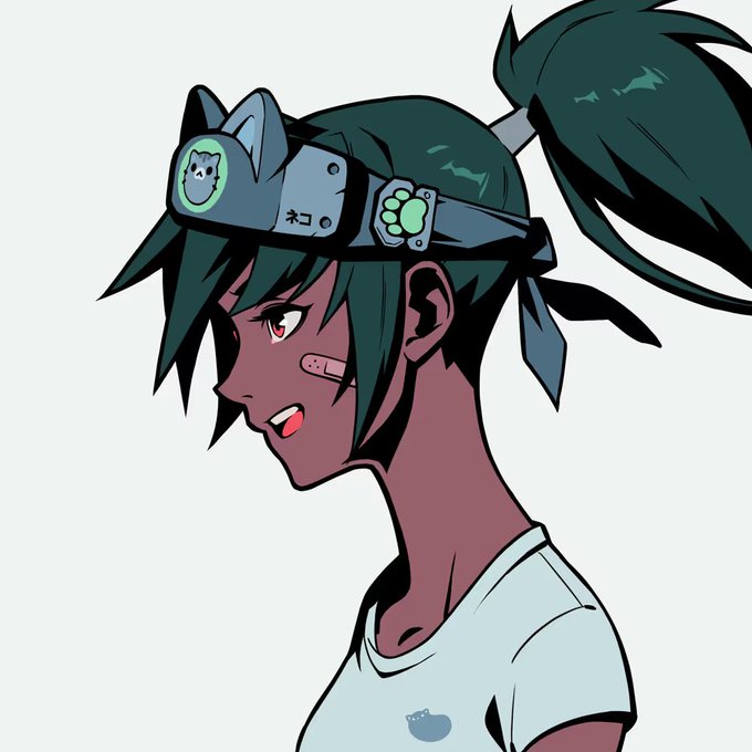 A dark-skinned anime-style girl with green hair in a ponytail wears a VR-style headset featuring an Azuki bean logo and cat paw design, with a small "ネコ" (cat) label and bandage on her cheek. The image relates to the post by visually representing the "meow" theme through the cat-decorated headset while incorporating the Azuki branding she mentions acquiring.