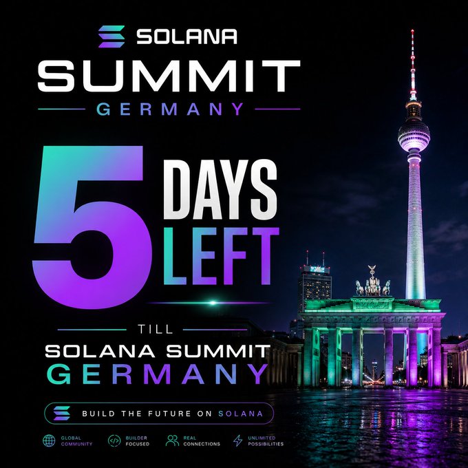 The image shows a poster for the Solana Summit Germany event that has been posted online. The poster features a photo of the Berlin skyline at night with the Solana logo, indicating the location of the summit. The text on the poster announces that there are only 5 days left until the summit and invites people to join the event by sharing it on social media or entering their name in the comment section below the image for a chance to win a cash prize.