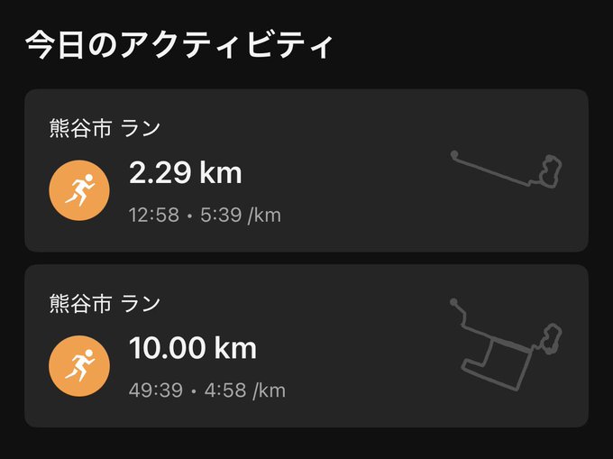 A fitness activity summary in Japanese ('今日のアクティビティ') showing two runs in Kumagaya city ('熊谷市 ラン') — a 2.29 km run in 12:58 and a 10.00 km run in 49:39, each accompanied by a route map.