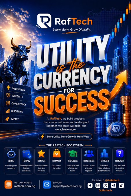 A promotional poster for RafTech with the tagline 'Learn. Earn. Grow Digitally.' and the slogan 'UTILITY is The CURRENCY FOR SUCCESS,' featuring a bull statue and various product icons including RafAi, RafPay, and RafPlus.
