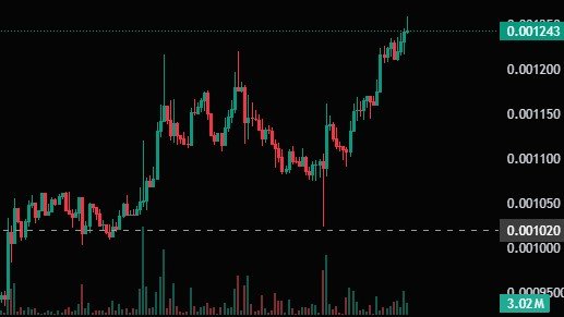 A candlestick chart showing a cryptocurrency price with values ranging from approximately 0.001000 to 0.001243, with 3.07M volume indicated at the bottom right.