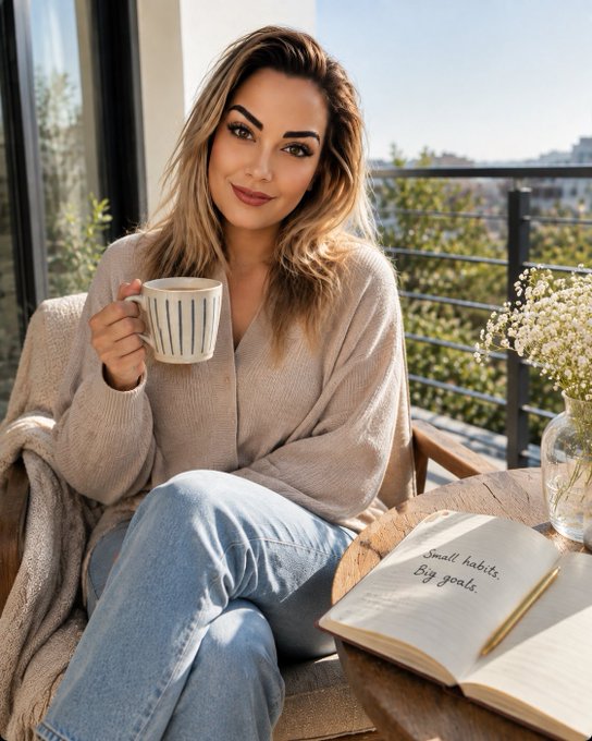 A woman with blonde hair sitting on a balcony holding a striped mug, with a journal on a wooden table beside her bearing the handwritten text 'Small habits, Big goals.'