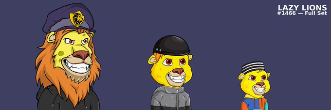 Three cartoon lion characters wearing different hats and outfits are displayed against a dark blue background with the text 'LAZY LIONS #1466 - Full Set' in the top right corner.