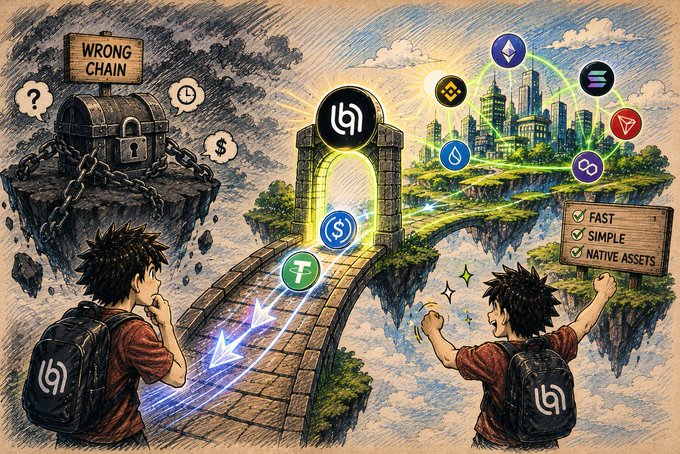 An illustrated cryptocurrency comparison graphic shows a character choosing between 'WRONG CHAIN' with chains and locks versus a positive path marked 'FAST', 'SIMPLE', and 'NATIVE ASSETS' featuring various crypto logos.