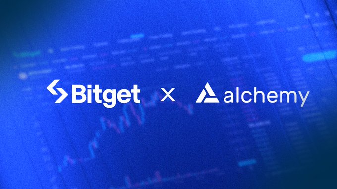 Bitget and Alchemy logos displayed side-by-side on a blue background featuring trading charts, illustrating the partnership that supports Bitget's 125M+ users with reliable infrastructure across major chains.