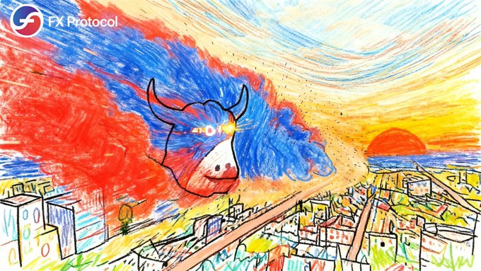 An artistic illustration in the style of Van Gogh's 'The Scream' featuring a bull's head with laser eyes over a colorful cityscape, branded with the FX Protocol logo.