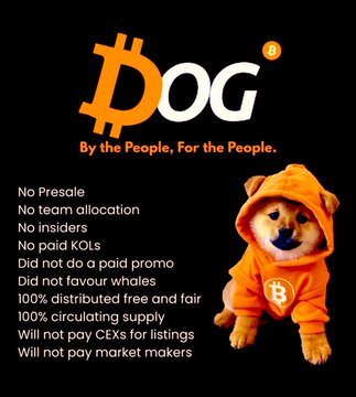 The image is a promotional graphic for the "$DOG" cryptocurrency, featuring its orange Bitcoin-style "D" logo and the slogan "By the People, For the People," alongside a Shiba Inu dog wearing an orange Bitcoin hoodie. A list of principles is displayed, including "No Presale," "No team allocation," "No insiders," "100% distributed free and fair," and "100% circulating supply." The graphic visually echoes the post's nostalgia for early Bitcoin's grassroots, community-driven ethos by positioning $DOG as a similarly organic, people-first project.