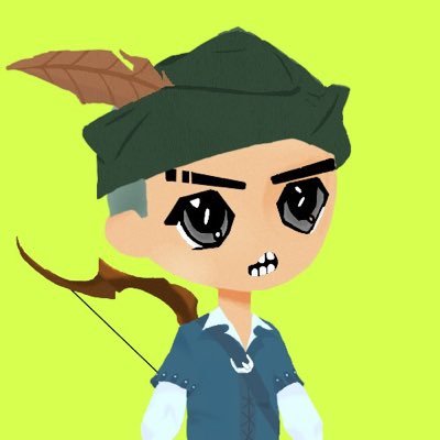 A stylized cartoon character with a green leaf hat, large expressive eyes, and a bow slung over their shoulder stands against a bright lime green background, fitting the adventurous and playful tone of an NFT giveaway announcement for the "robilllio" collection on the Robinhood chain.