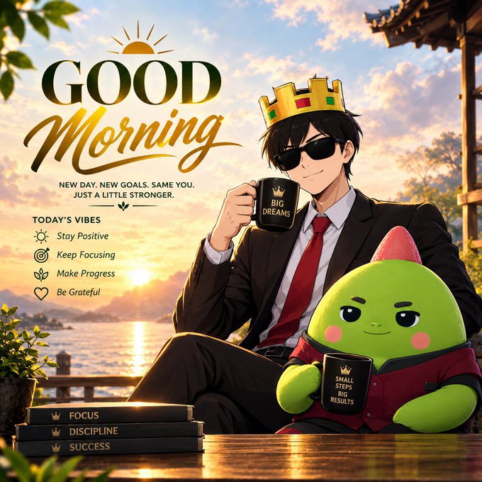 A 'GOOD Morning' anime-style illustration featuring a man in a suit and sunglasses wearing a crown next to a small green creature, both holding mugs ('BIG DREAMS' and 'SMALL STEPS BIG RESULTS'), with motivational text like 'Stay Positive' and 'Keep Focusing'.