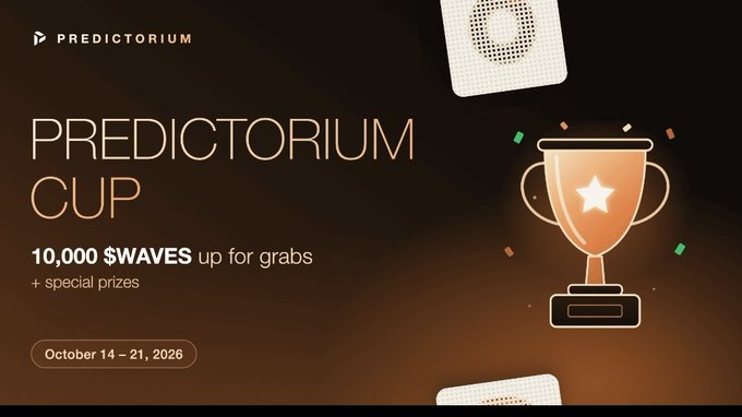 An advertisement for the Predictorium Cup tournament offering 10,000 $WAVES plus special prizes from October 14-21, 2026.