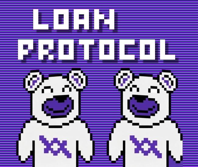 The image features two cartoon teddy bears wearing white shirts with purple letters, standing side by side against a purple background. The text "LOAN PROTOCOL" is written above them, indicating that they are promoting a lending platform or service.