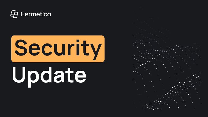 Hermetica's "Security Update" banner, displayed with the company's logo on a black background featuring a dotted hand graphic, accompanies a statement confirming that USDh reserve assets remain safe and unexposed to the reported $350M Bitget hack, with backing assets secured through Copper's off-exchange settlement and all Bitget positions unwound as a precaution.