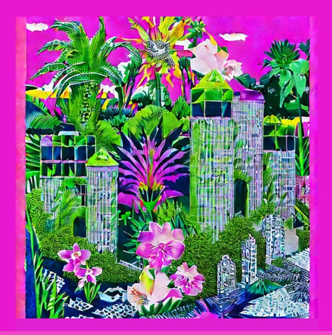A vibrant, psychedelic digital artwork featuring tall, crystalline towers surrounded by lush green foliage and bright pink and yellow flowers against a hot pink background.