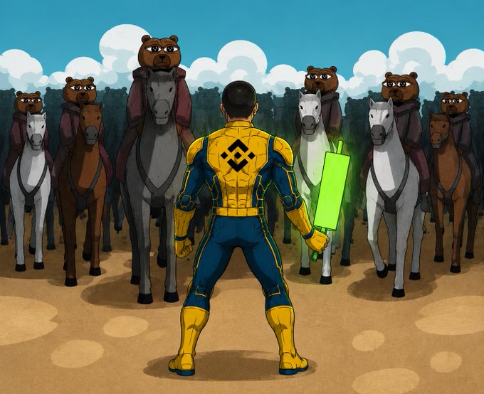 Digital illustration of a superhero figure in a blue and yellow suit with a Binance logo on the back, holding a green glowing bat and facing a line of riders on horseback wearing bear masks.