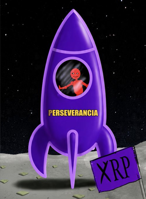 A purple rocket labeled "PERSEVERANCIA" with a small red astronaut figure visible through the window is shown landing on a gray surface next to a purple "XRP" flag, set against a starry space background—visually representing the post's hint about a "rocket landing" coincidence tied to the XRP cryptocurrency.