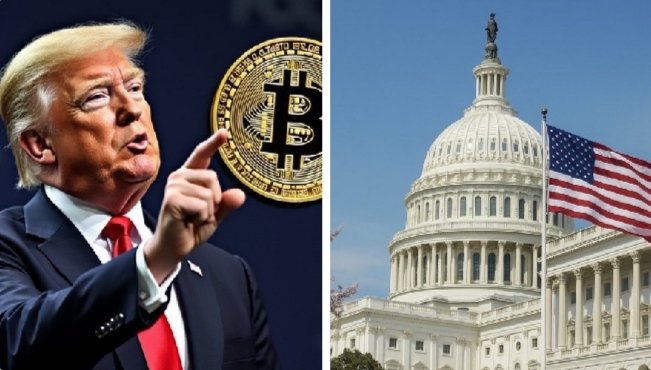 The image features two photos side by side with a man dressed in a suit standing next to an American flag. In one photo, the man is pointing towards something, possibly a Bitcoin logo or a coin. The other photo shows the man giving a speech at a podium, which could be related to Bitcoin or another topic. Both images are set against a gray background, and there's text in the image that reads "MASSIVE FORBITCOIN Congress has unveiled 7 new Bitcoin tax proposals".