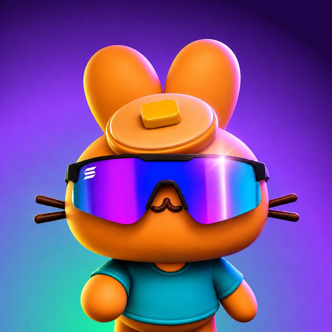 A cute orange cartoon bunny character wearing oversized iridescent reflective sunglasses and a teal shirt stands against a vibrant purple and blue gradient background, exuding a cool, playful vibe that aligns with the meme-style branding for Solana's new listing on PancakeSwap Stock Terminal.