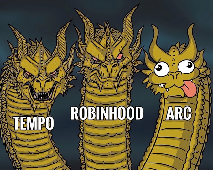 Three-headed dragon meme labeled "TEMPO," "ROBINHOOD," and "ARC," illustrating the caption's argument that ARC should not compete with Robinhood as a "degen" trading venue but instead focus on its institutional payments/FX/RWA niche, where Tempo is already the established competitor.