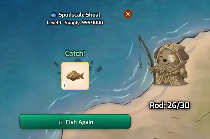 A cartoon dog in a fishing hat holds a rod on a beach in Pawtato Land, having caught a fish at Spudscale Shoal (Level 1, Supply: 999/1000), with the Rod at 26/30 and a "Fish Again" button below. The scene ties to the post's tease of a Solana Summer alpha drop, showcasing a playful fishing minigame that may relate to upcoming hero activities or rewards.