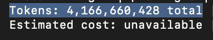 A dark interface displaying 'Tokens: 4,166,660,428 total' with 'Estimated cost: unavailable' below it.