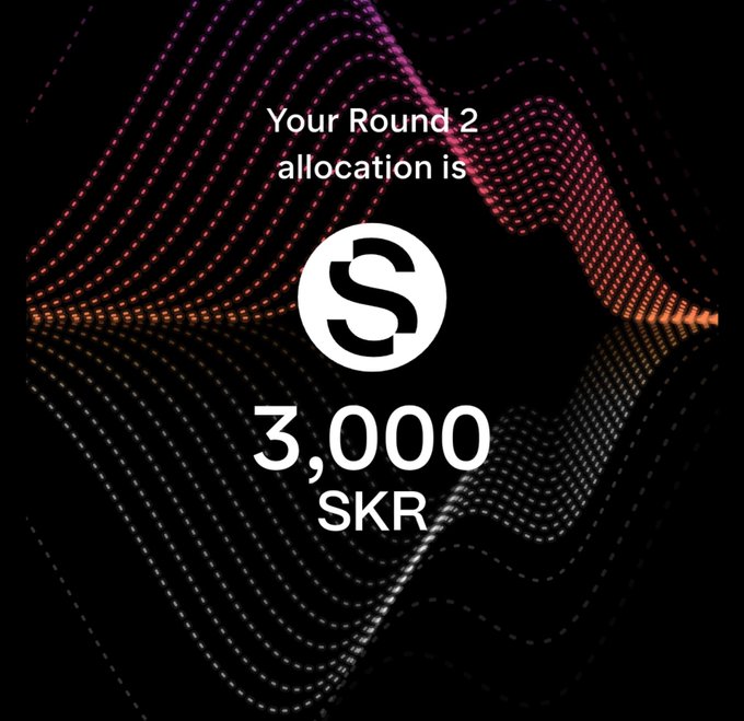 A digital announcement displaying 'Your Round 2 allocation is 3,000 SKR' against a dark background with a wavy, dotted pattern and a circular 'S' logo.