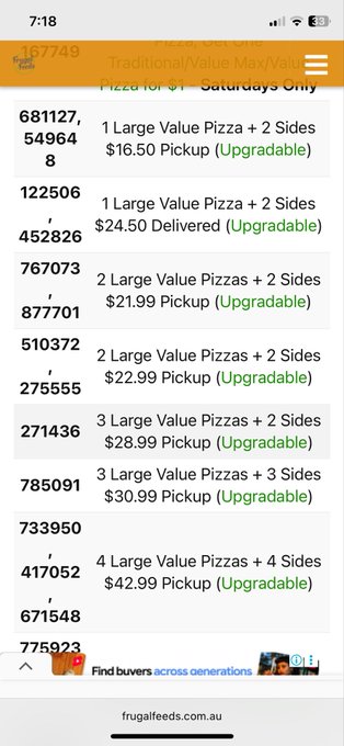 A mobile screenshot from frugalfeeds.com.au displaying a list of pickup and delivery deals from Pizza Hut featuring various quantities of Large Value Pizzas with sides, including options marked 'Saturdays Only'.