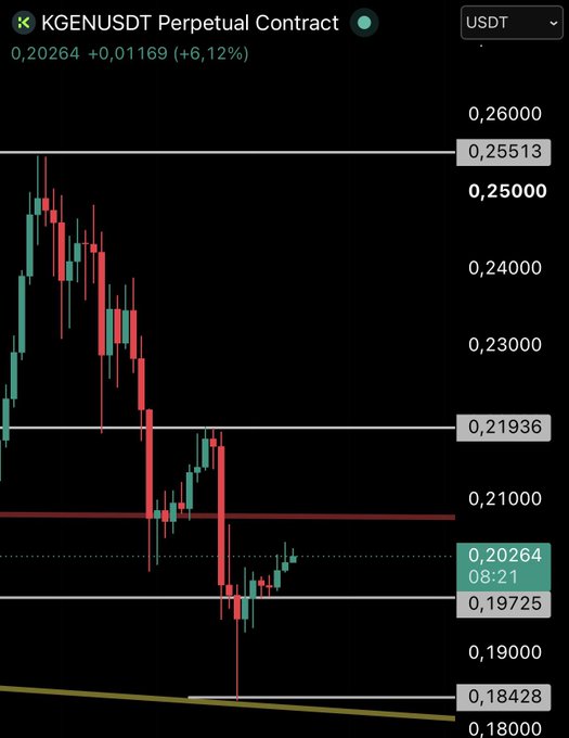 A candlestick chart of the $KGENUSDT perpetual contract showing a price of 0.20264 (+6.12%) with a bearish trend of large red sell-driven candles creating progressively lower highs and deeper lows, currently hovering near the 0.19725 support level after a brief recovery bounce. The visible horizontal reference lines at 0.25513, 0.21936, 0.21000, and 0.18428 illustrate the deteriorating market structure that supports the post's claim of weak buying response despite alleged team selling.