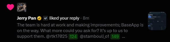 Twitter/X reply notification from Jerry Pan stating the team is hard at work and BaseApp is on the way.