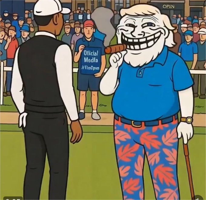 A cartoon illustration featuring a grinning 'Trollface' character in a blue shirt and leaf-patterned pants at a golf course, while Tiger Woods stands with his back turned.