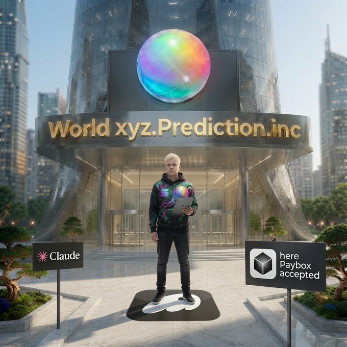 A blonde man stands on a "Phantom" logo mat outside the "World xyz.Prediction.inc" building, holding an iPad. Signs on either side display "Claude" and "here Paybox accepted," referencing the blockchain and crypto platforms mentioned in the post about building with top partners on Solana.