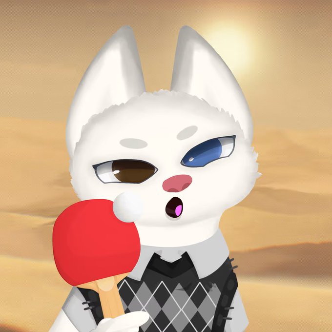 A 3D-rendered white furry character with blue eyes holding a red popsicle, wearing a black and gray argyle sweater, set against a desert sunset background.